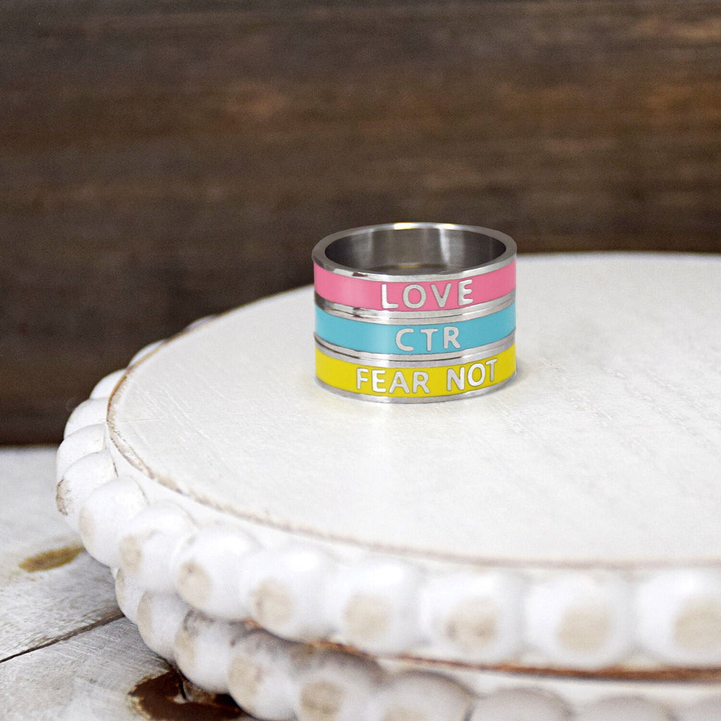 Enamel CTR Stainless Steel Ring 3 Pack in pink, yellow, and teal