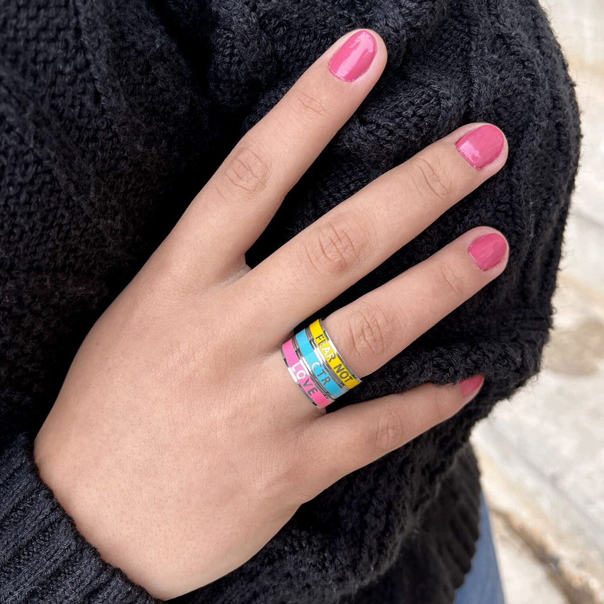Enamel CTR Stainless Steel Ring 3 Pack in pink, yellow, and teal