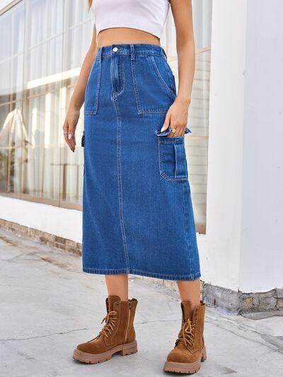 Slit Midi Denim Skirt with Pockets for Stylish Comfort-3