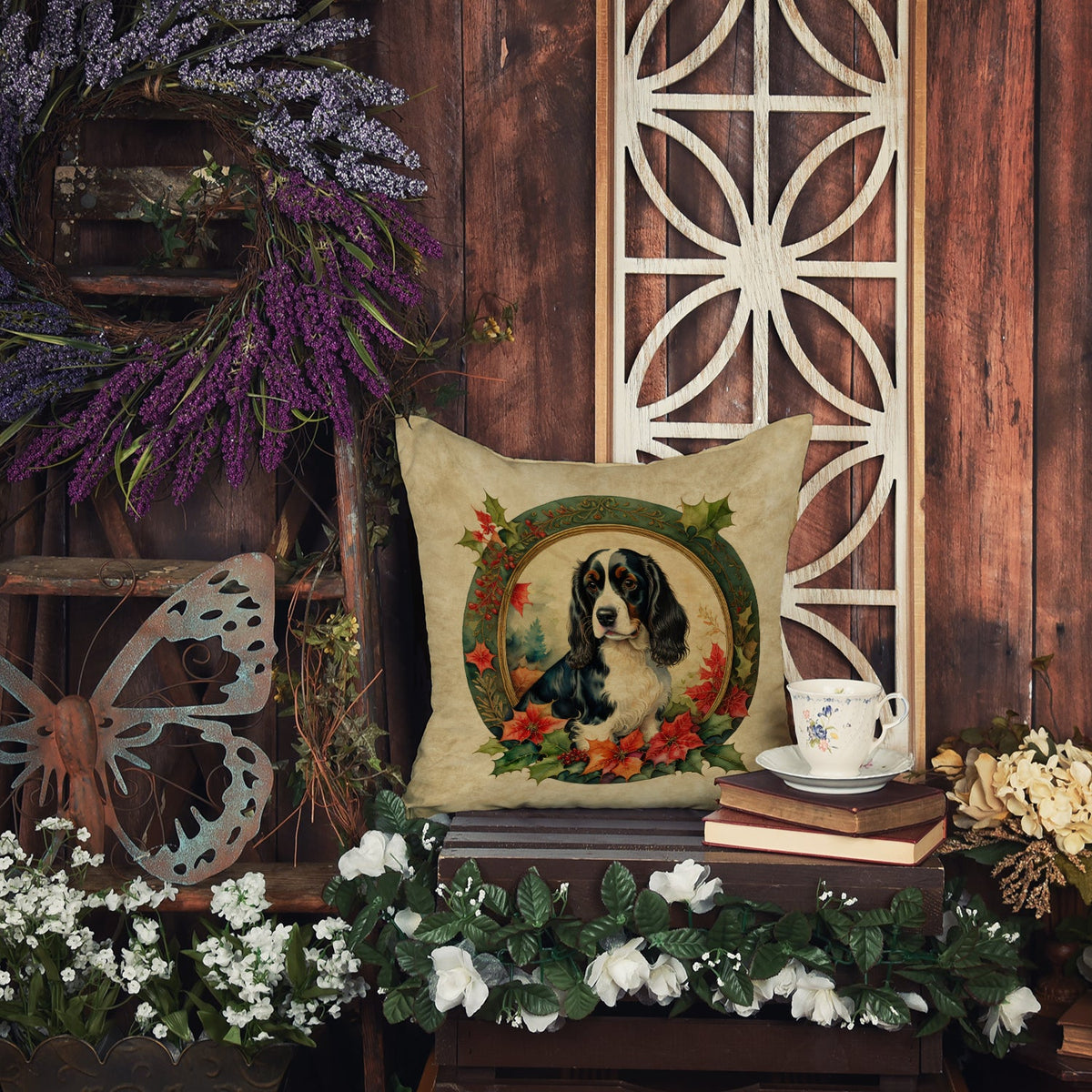 English Springer Spaniel Christmas Flowers Throw Pillow-3