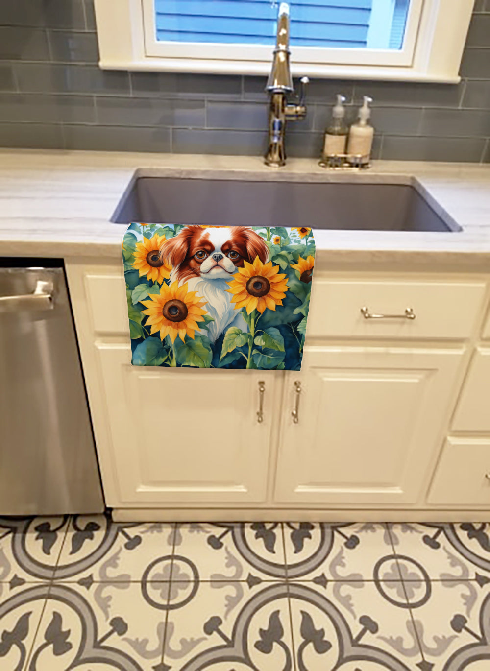 Japanese Chin in Sunflowers Kitchen Towel-1