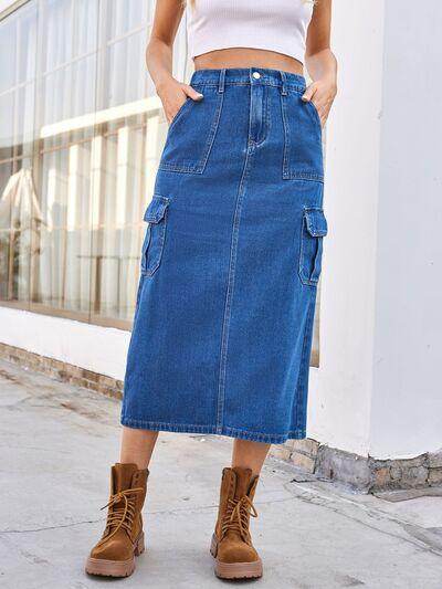 Slit Midi Denim Skirt with Pockets for Stylish Comfort-2