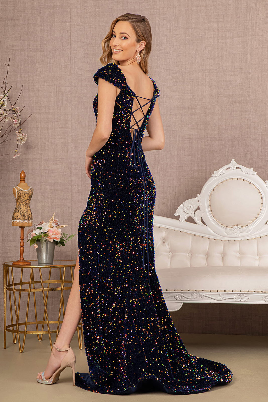 Sequin Off Shoulder Lace-up Back Velvet Mermaid Long Prom Dress GLGL3148-2