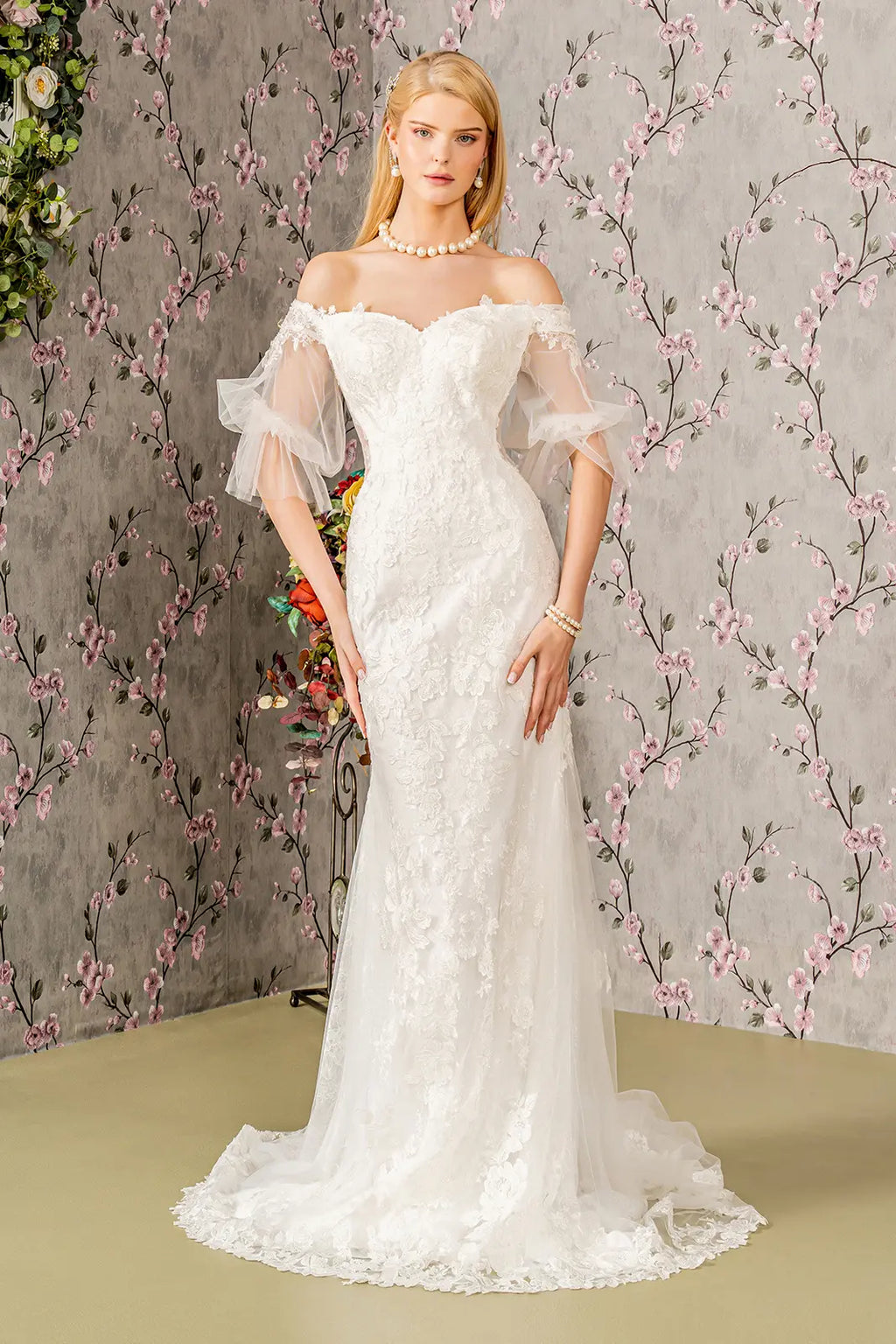 Floral embroidery bead sheer sleeves mesh mermaid wedding gown GLGL3479-0