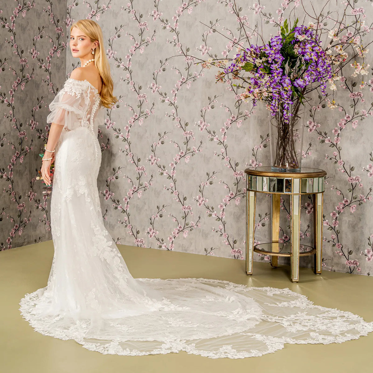 Floral embroidery bead sheer sleeves mesh mermaid wedding gown GLGL3479-4