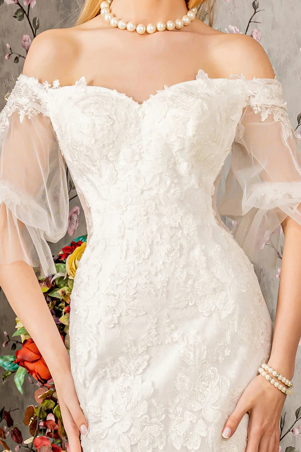 Floral embroidery bead sheer sleeves mesh mermaid wedding gown GLGL3479-2
