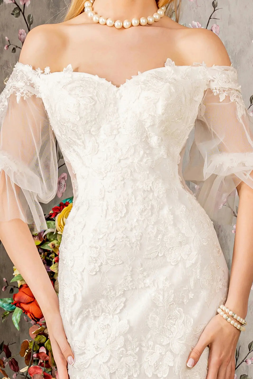 Floral embroidery bead sheer sleeves mesh mermaid wedding gown GLGL3479-2