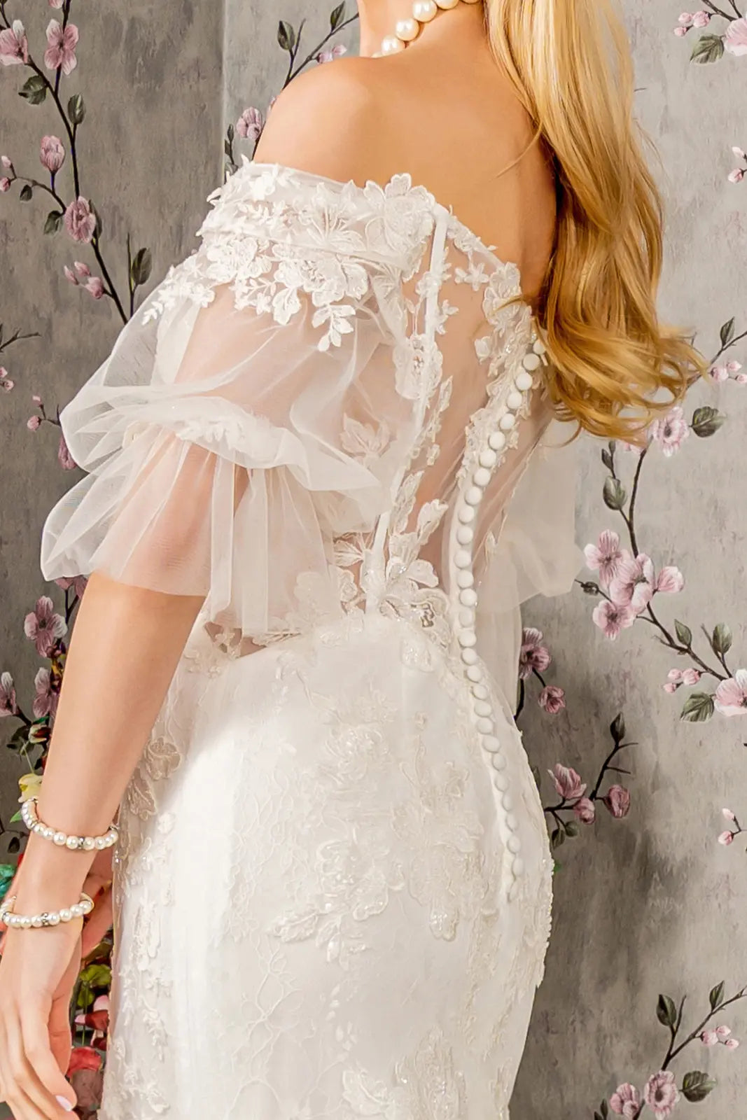 Floral embroidery bead sheer sleeves mesh mermaid wedding gown GLGL3479-3